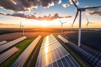 Windräder und große Solarfelder bei tief stehender Sonne