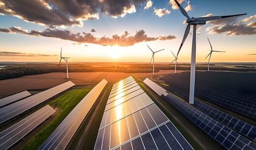 Windräder und große Solarfelder bei tief stehender Sonne