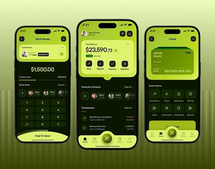 Drei Smartphones mit leuchtend grüner Banking-App für Überweisungen und Karten